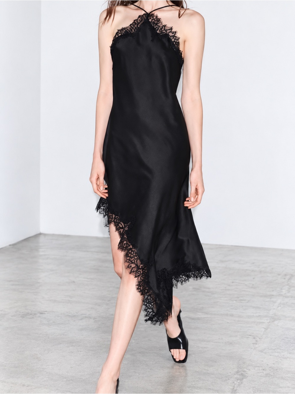 ZARA Black Asymmetric Satin Slip Dress w Lace Trim - ZW collection.  XL NWOT